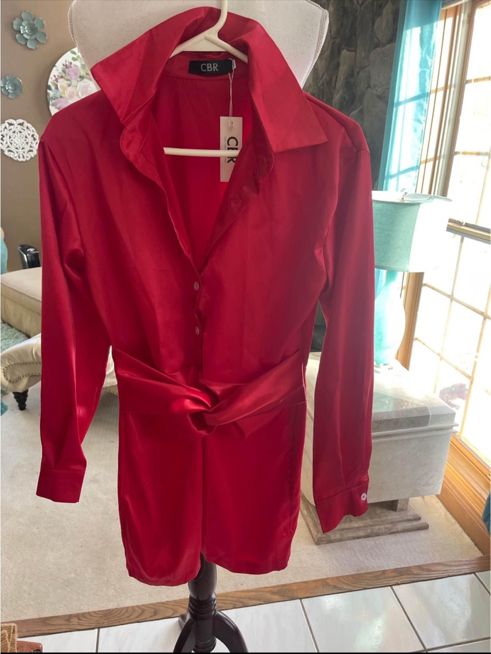 CBR Red Satin Button-Up Mini Dress/Tunic Waist Tie-Knot Med New w-tag